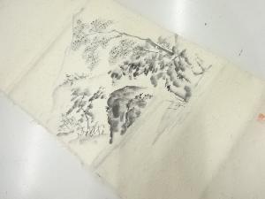 アンティーク　ひげ紬手描き山水風景模様名古屋帯